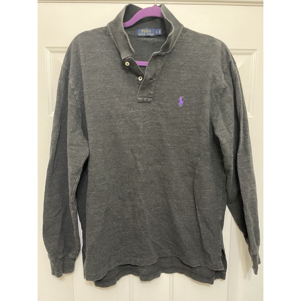 Polo Ralph Lauren 1/4 Button Sweater Charcoal Grey Luxury Purple Pony Logo Large